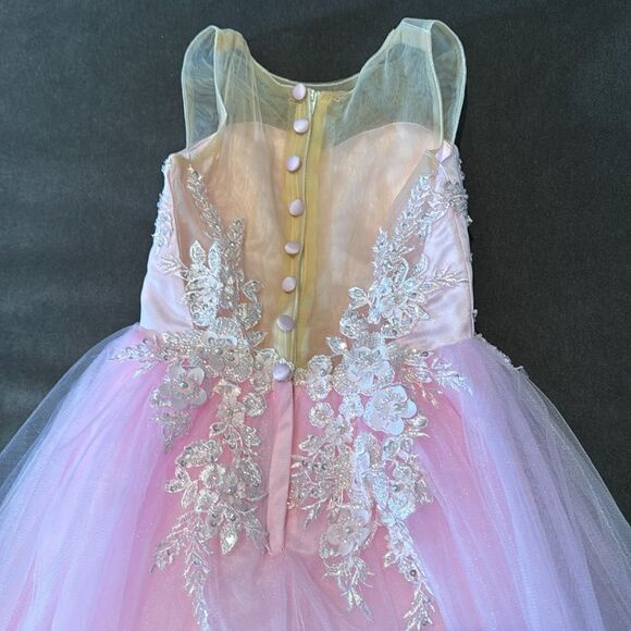 Girls Pink Formal Party Flower Girl Dress High Low Zip Back Beaded Bodice Size 3 - Picture 7 of 9